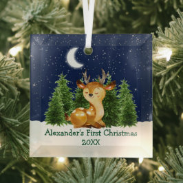 Baby's First Christmas Watercolor Deer Forest Sky Ornament Aus Glas