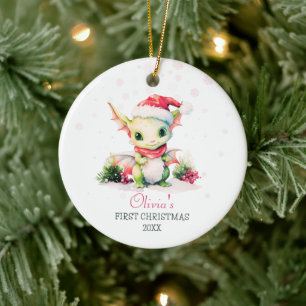 Baby's First Christmas Watercolor Dragon Girl Keramik Ornament