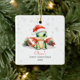 Baby's First Christmas Watercolor Dragon Square Keramikornament