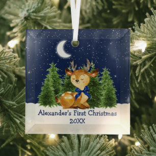 Baby's First Christmas Watercolor Forest Deer Bow Ornament Aus Glas