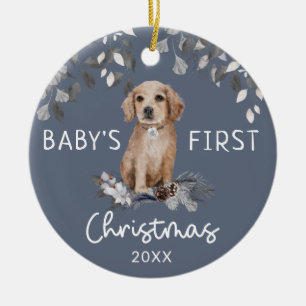 Baby's First Christmas Watercolor Puppy Foliage Keramik Ornament