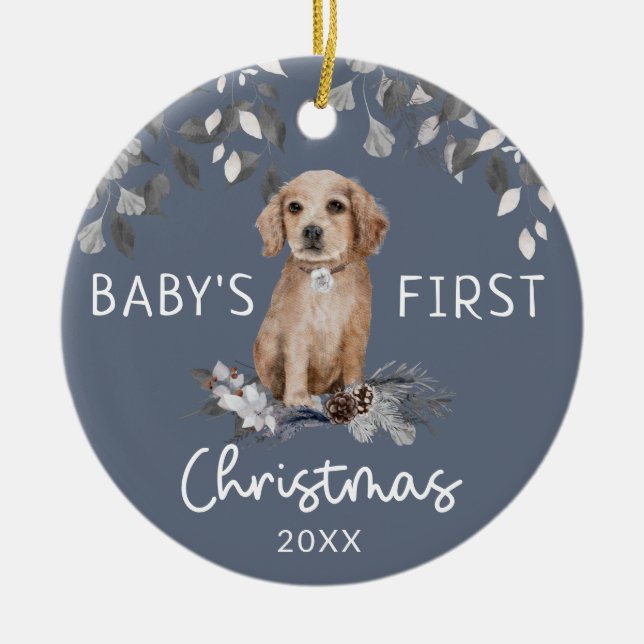 Baby's First Christmas Watercolor Puppy Foliage Keramik Ornament (Vorne)