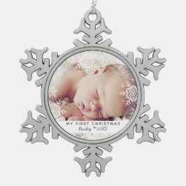 Baby's First Christmas White Silver Glitzer Schneeflocken Zinn-Ornament