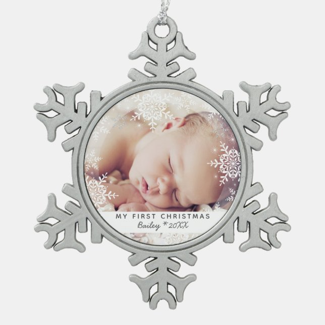 Baby's First Christmas White Silver Glitzer Schneeflocken Zinn-Ornament (Vorderseite)
