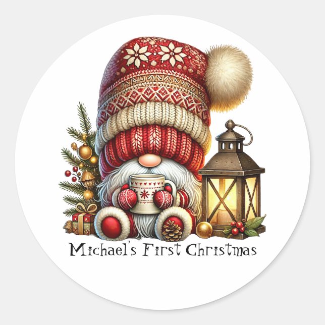 Baby's First Gnome Christmas Round Sticker (Vorderseite)