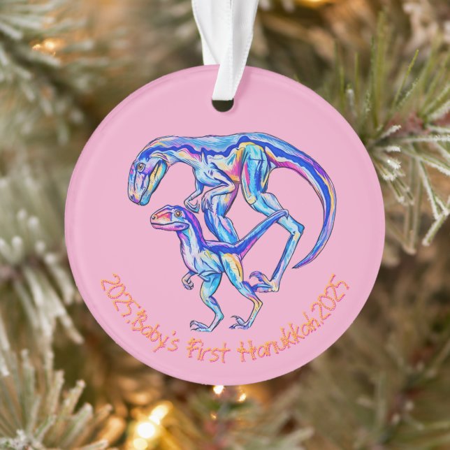 Baby's First Hanukkah 2025 girl Dino Velociraptor Ornament (Baum)