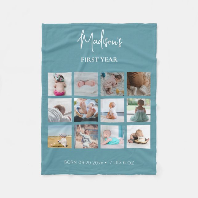 Baby's First Year Foto Collage Birth Stats Blue Fleecedecke (Vorderseite)