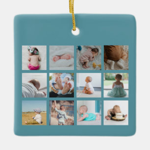 Baby's First Year Foto Collage Birth Stats Blue Keramikornament