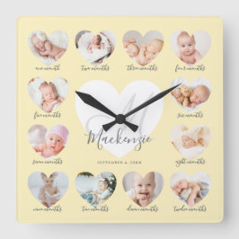 Baby's First Year Heart Foto Keepake Collage Quadratische Wanduhr