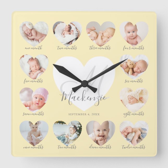 Baby's First Year Heart Foto Keepake Collage Quadratische Wanduhr (Vorderseite)