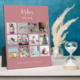 Baby's First Year Photo Collage Birth Stats Pink Fotoplatte