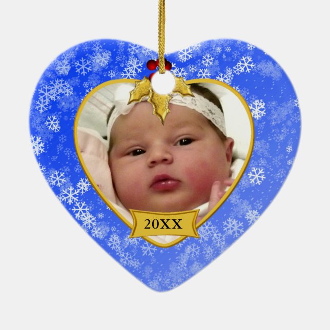 Baby's Foto Keepake Gold Blue Snowy Weihnachten Keramik Ornament (Hinten)