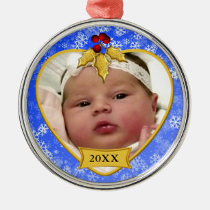 Baby's Foto Keepake Gold Blue Snowy Weihnachten Ornament Aus Metall