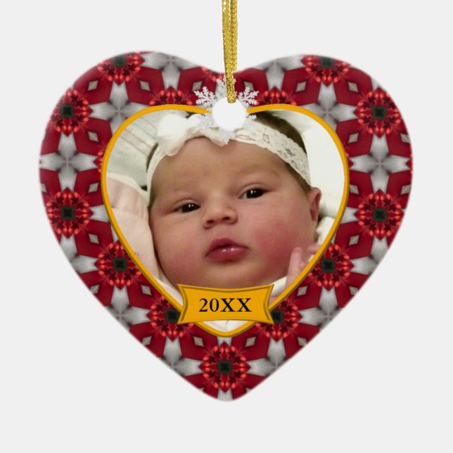 Baby's Foto Keepake Red Christmas Pattern Keramik Ornament (Vorne)