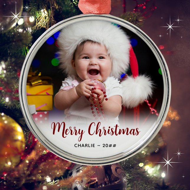 Baby's Foto und Text Christmas Keepake Ornament Aus Metall (Customize with a name and year. Merry Christmas!)
