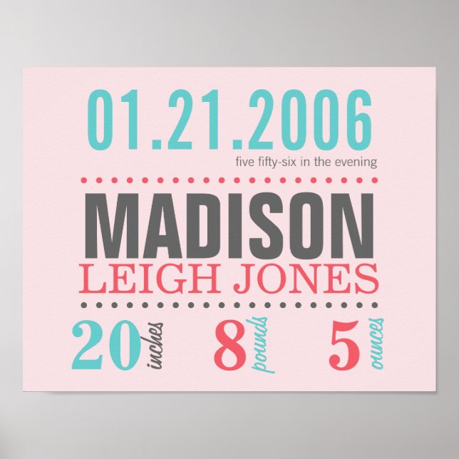 Babys Geburtsdatum Details Poster - Cotton Candy (Vorne)