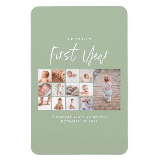 Babys im ersten Jahr Foto Collage Skript grün  Magnet (Vertikal)