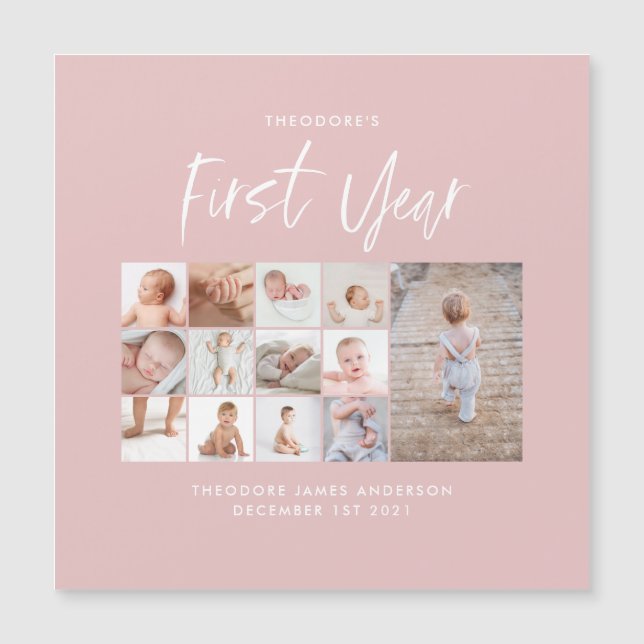Babys im ersten Jahr Foto Collage Skript rosa Magnetkarte (Vorderseite)