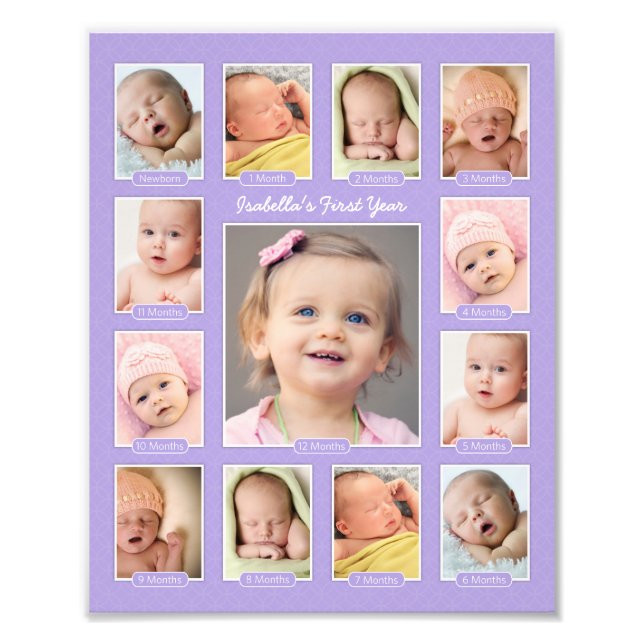 Babys im ersten Jahr Lila Keepake FotoCollage Fotodruck (Vorne)
