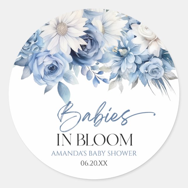 Babys in Bloom Blue Floral Multiples Baby Dusche Runder Aufkleber (Vorderseite)