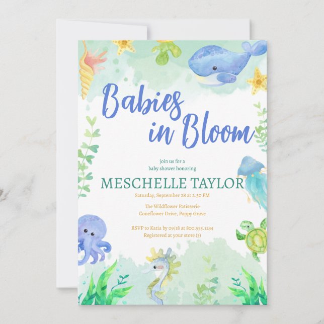 Babys in Bloom unter der Blue-Baby-Dusche des Meer Einladung (Vorderseite)
