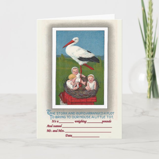Babys in Stork Nest Vintage Geburtserklärung Ankündigung (Vorderseite)