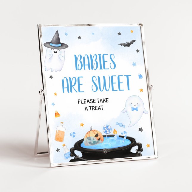 Babys mit Boo-y Halloween Baby Shower sind süß Poster (Blue Oh Sheet Baby Shower Babies are Sweet Sign)