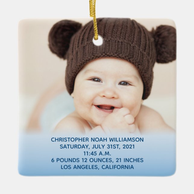 Baby's Stats Blue 1. Weihnachtsfest Foto Keramikornament (Vorderseite)