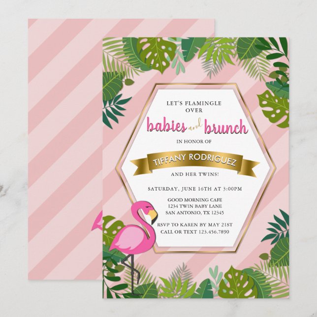 Babys und Brunch Twins Flamingo Baby Dusche Einladung (Vorne/Hinten)