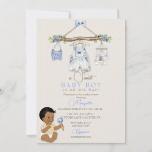 Babysachen Jungen Baby Shower Elfenbein Blau Einladung