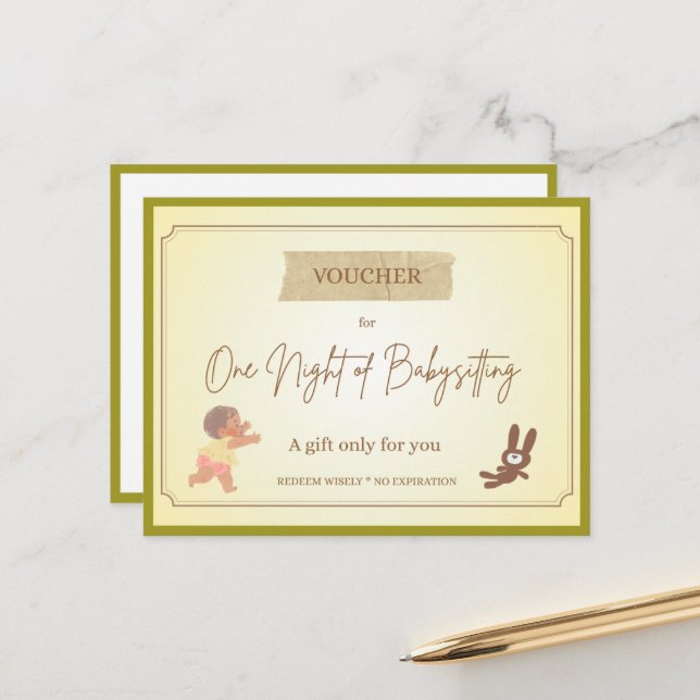'Babysitten' Lustiger Geschenkgutschein Postkarte (Vorderseite/Rückseite Beispiel)