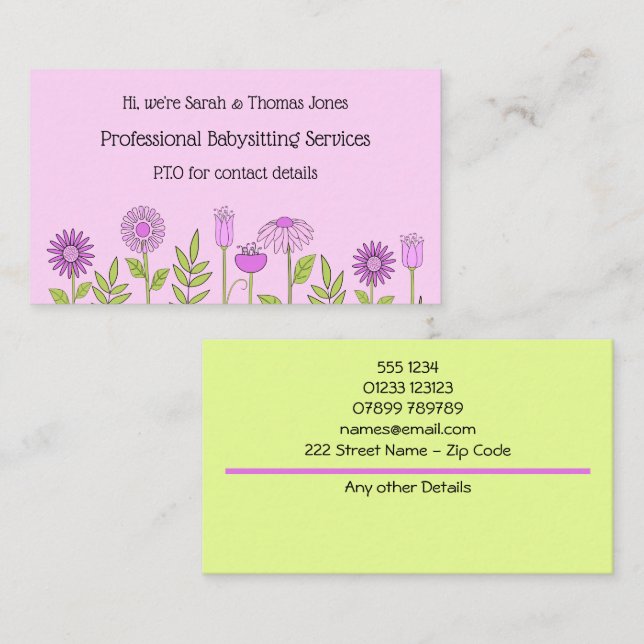 Babysitter Kontakt Floral Business Card Visitenkarte (Vorne/Hinten)