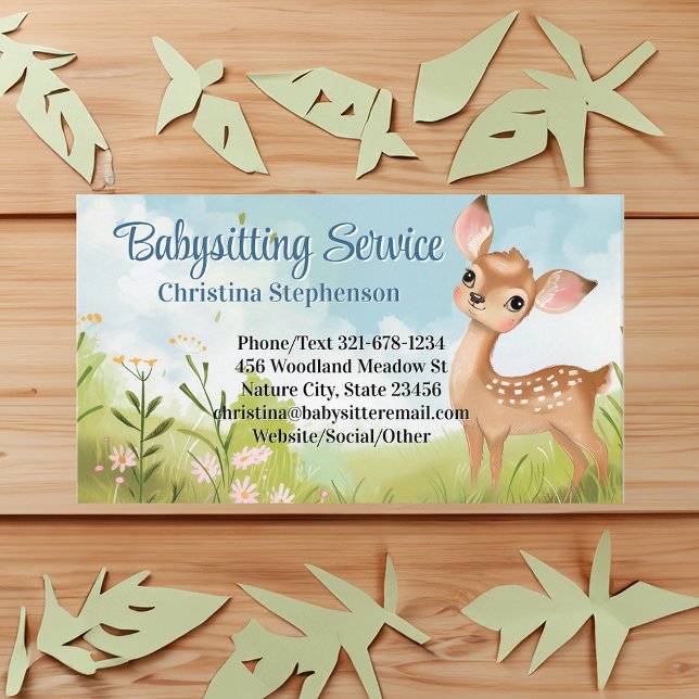 Babysitter Nanny Childcare Watercolor Baby Dealer Visitenkarte (baby deer babysitting childcare business card)