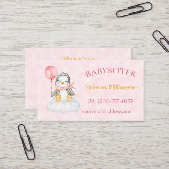 Babysitter QR-Code Niedlich Pinguin Pink Visitenkarte (Vorderseite/Rückseite Beispiel)