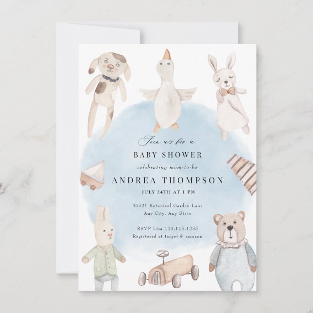 Babyspielzeug | Vintage Babydusche Einladung (Vorderseite)