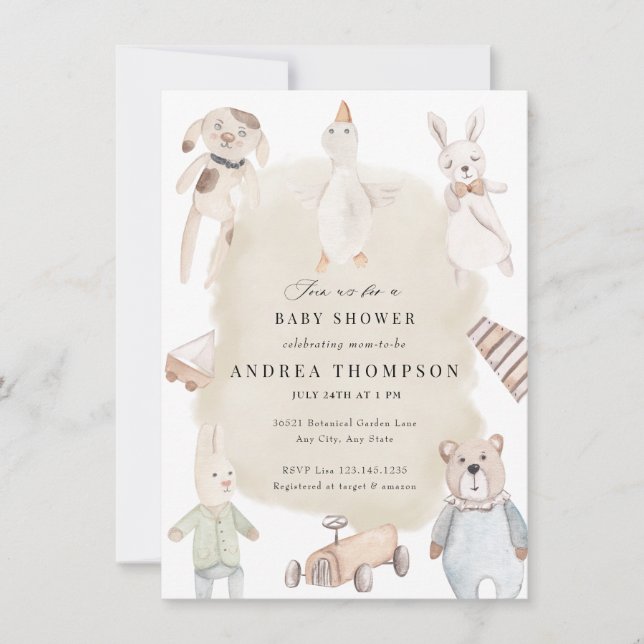 Babyspielzeug | Vintage Babydusche Einladung (Vorderseite)