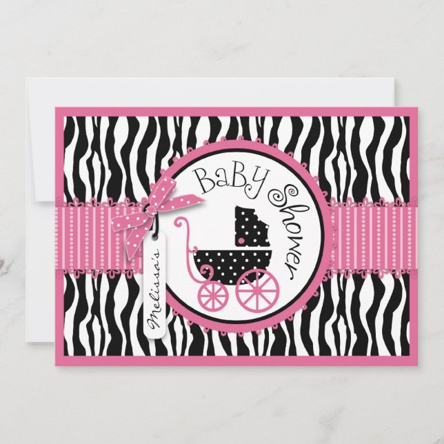 Babyträgt, Zebra Print & Hot Pink Baby Dusche Einladung (Vorderseite)