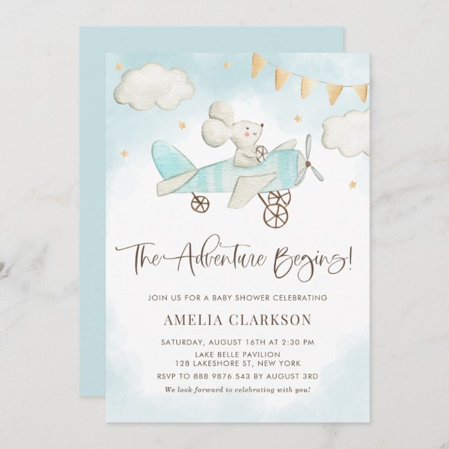 Babywaage Watercolor Airplane Blue Baby Dusche Einladung (Vorne/Hinten)