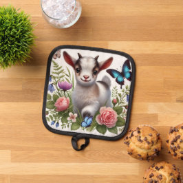Babyziege mit bunten Schmetterlingen und Blume Topflappen
