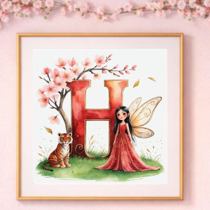 Babyzimmer für Mädchen Buchstabe H Feen Blumenmust Poster