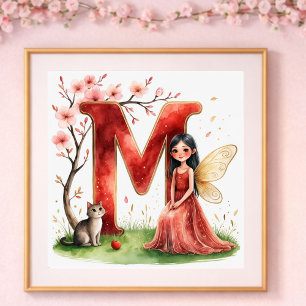 Babyzimmer Mädchen Buchstabe M Feen Blumenmuster Poster