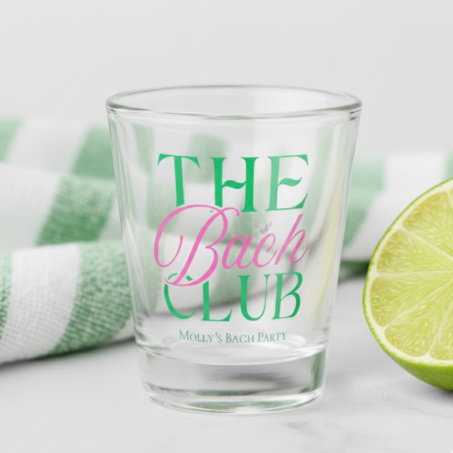 Bach Club Modern Simple Pink Green Bachelorette Schnapsglas (Level up your pre-wedding style with “The Bach Club” shot glass!)