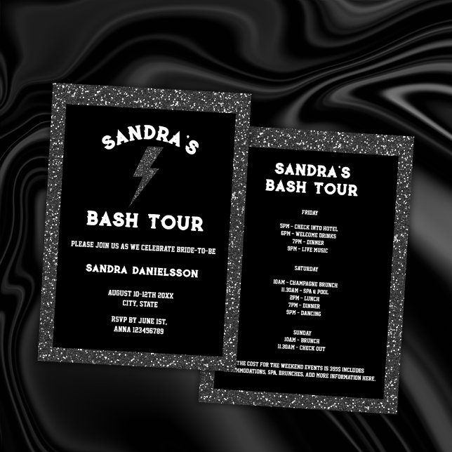 Bach Tour Black Rock Bachelorette Einladung (rock bachelorette party invitation weekend itinerary bach tour black gliter)