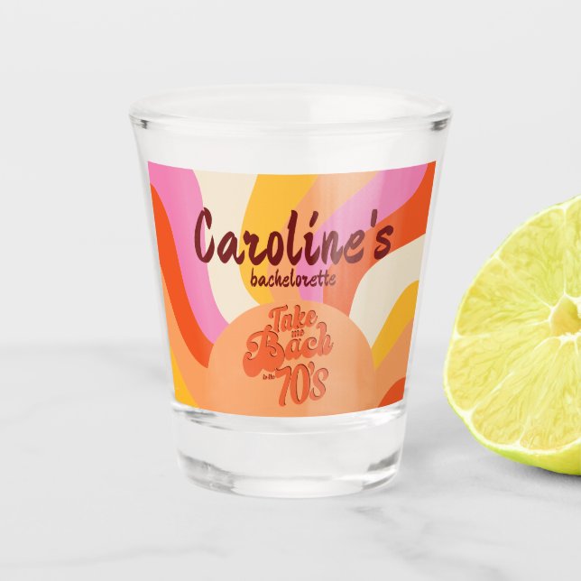 Bach zum 70er Retro Groovy Sunset Bachelorette Schnapsglas (Vorderseite)