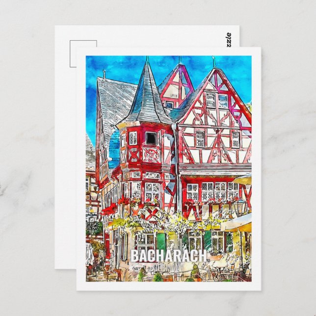 Bacharach Deutschland Berühmtes Wasserfarben-Sketc Postkarte (Vorne/Hinten)