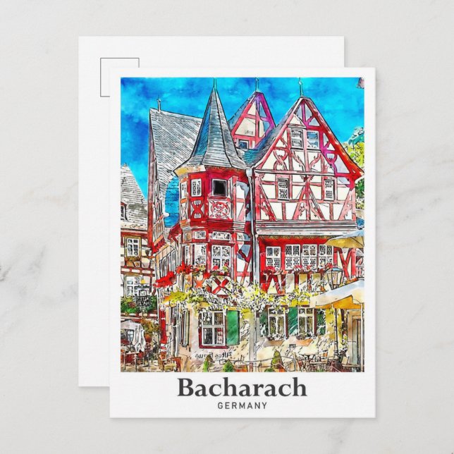 Bacharach Deutschland Reisen Wasserfarbenhandzeich Postkarte (Vorne/Hinten)