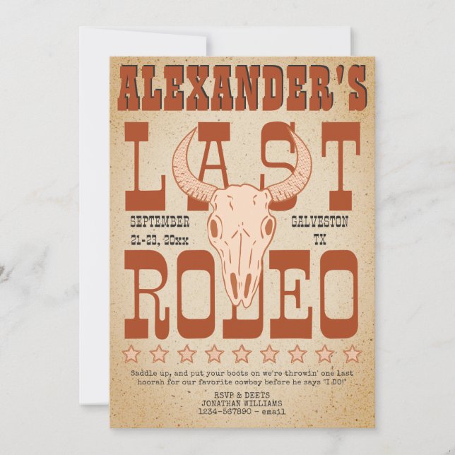 Bachelor Last RODEO Western Cowboy Texas Adventure Einladung (Vorderseite)