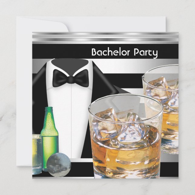 Bachelor Party Mens Drinks Tuxedo Black Silver Einladung (Vorderseite)
