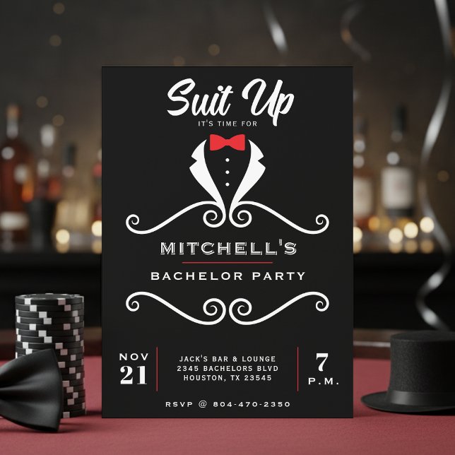 Bachelor Party Tuxedo Suit Bowtie Black & Red Einladung (Bachelor Party Tuxedo Suit Bowtie Black & Red Invitation
)