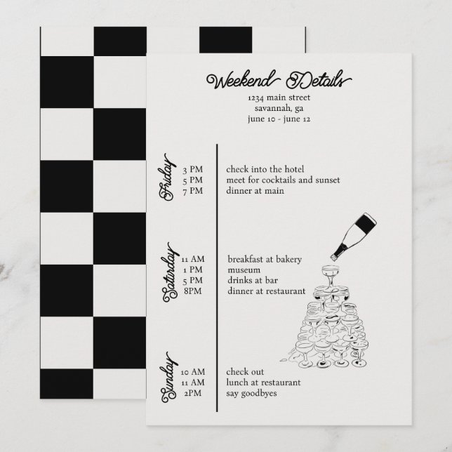 Bachelorett-Wochenende Details Schwarz-Weiß Einladung (Vorne/Hinten)